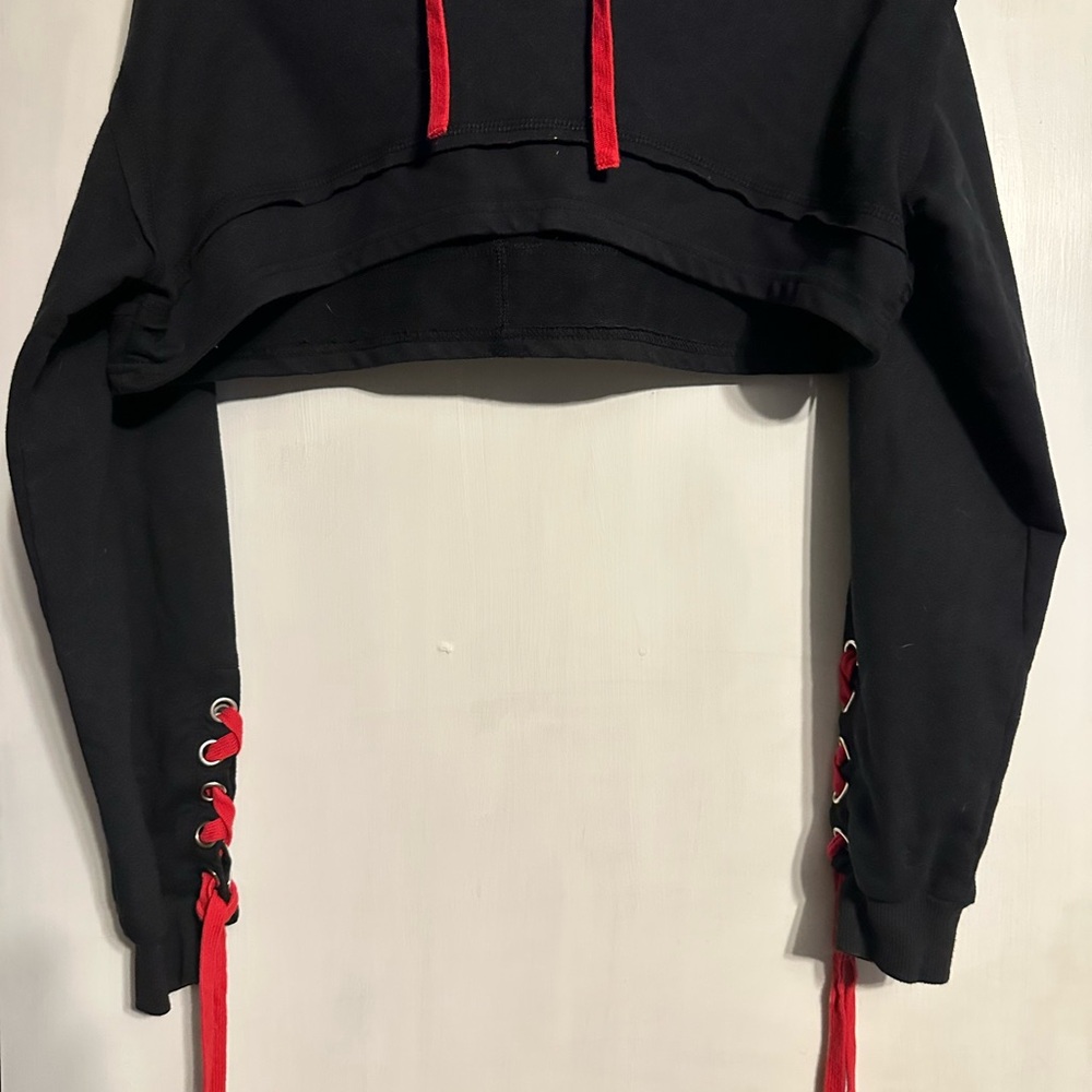 Black Cropped Hoodie with Red Accents